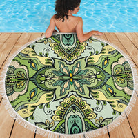 Indian Mandala Pattern Beach Blanket Green Geometric Floral Mandala