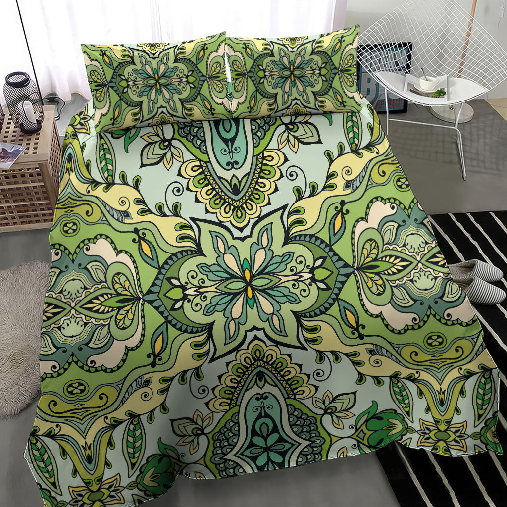 Indian Mandala Pattern Bedding Set Green Geometric Floral Mandala