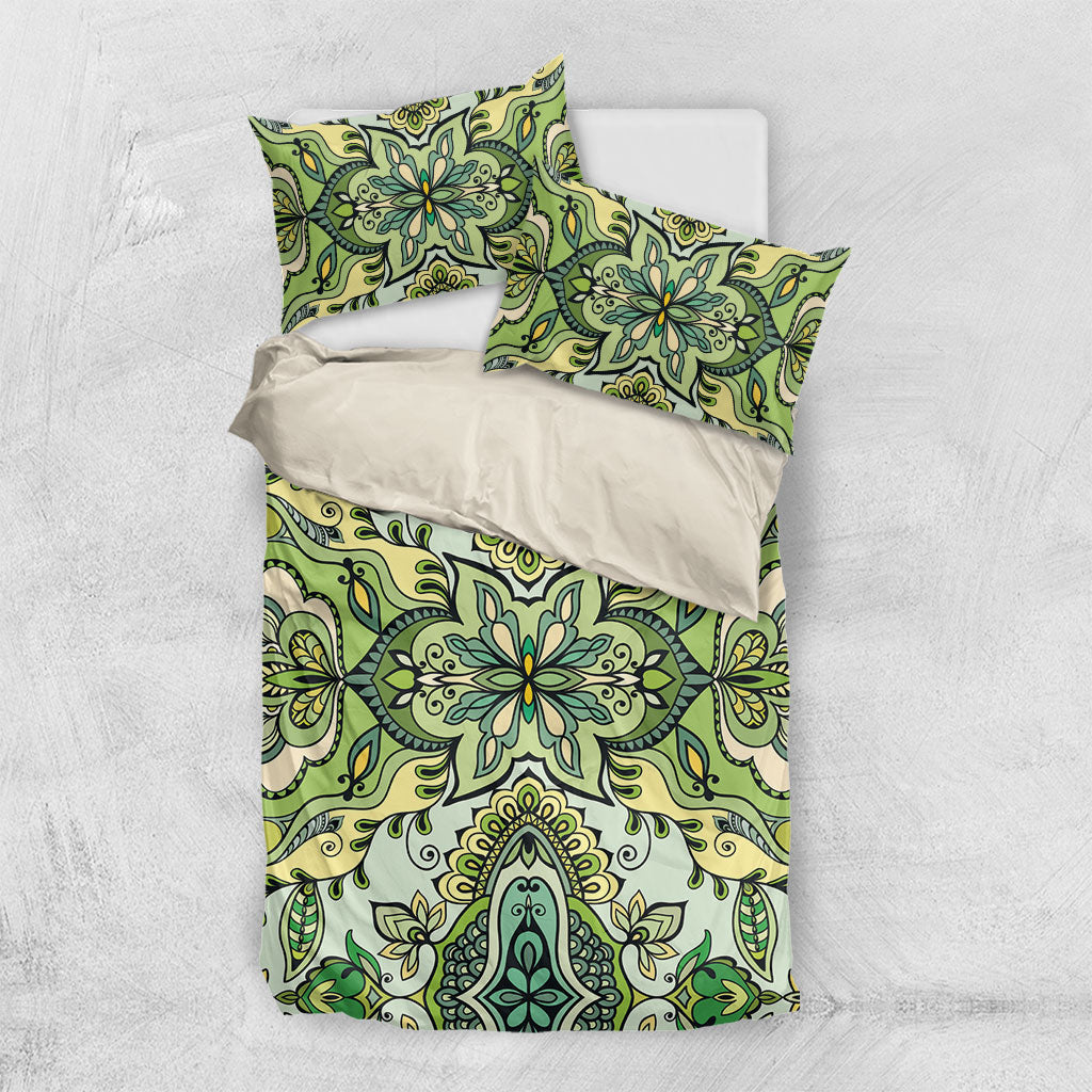 Indian Mandala Pattern Bedding Set Green Geometric Floral Mandala