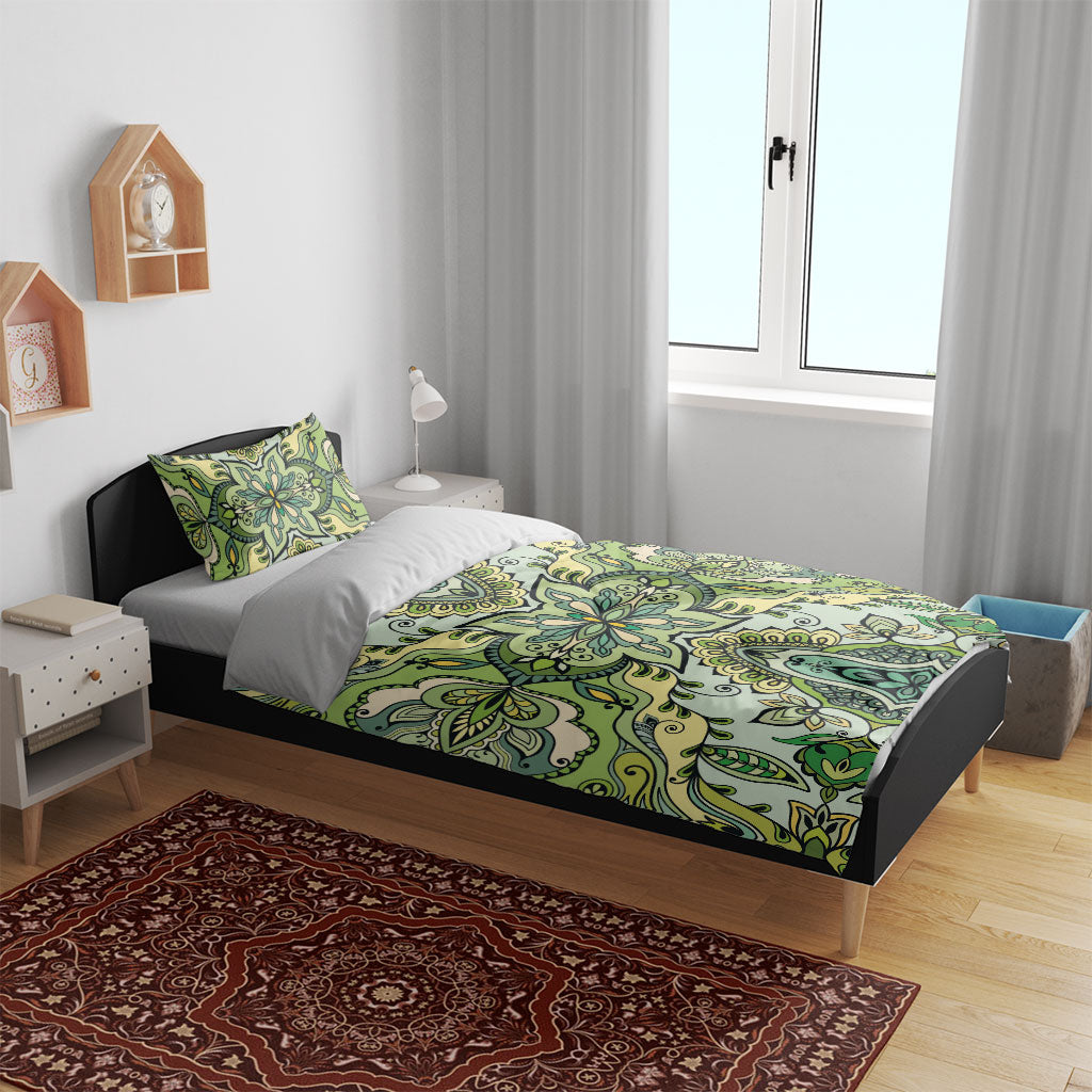 Indian Mandala Pattern Bedding Set Green Geometric Floral Mandala