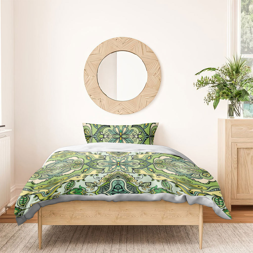 Indian Mandala Pattern Bedding Set Green Geometric Floral Mandala