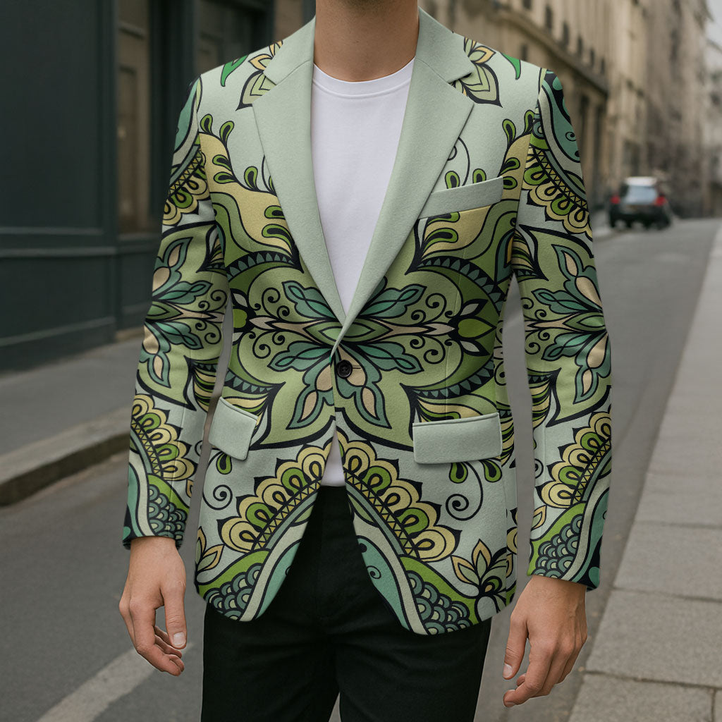 Indian Mandala Pattern Blazer Green Geometric Floral Mandala