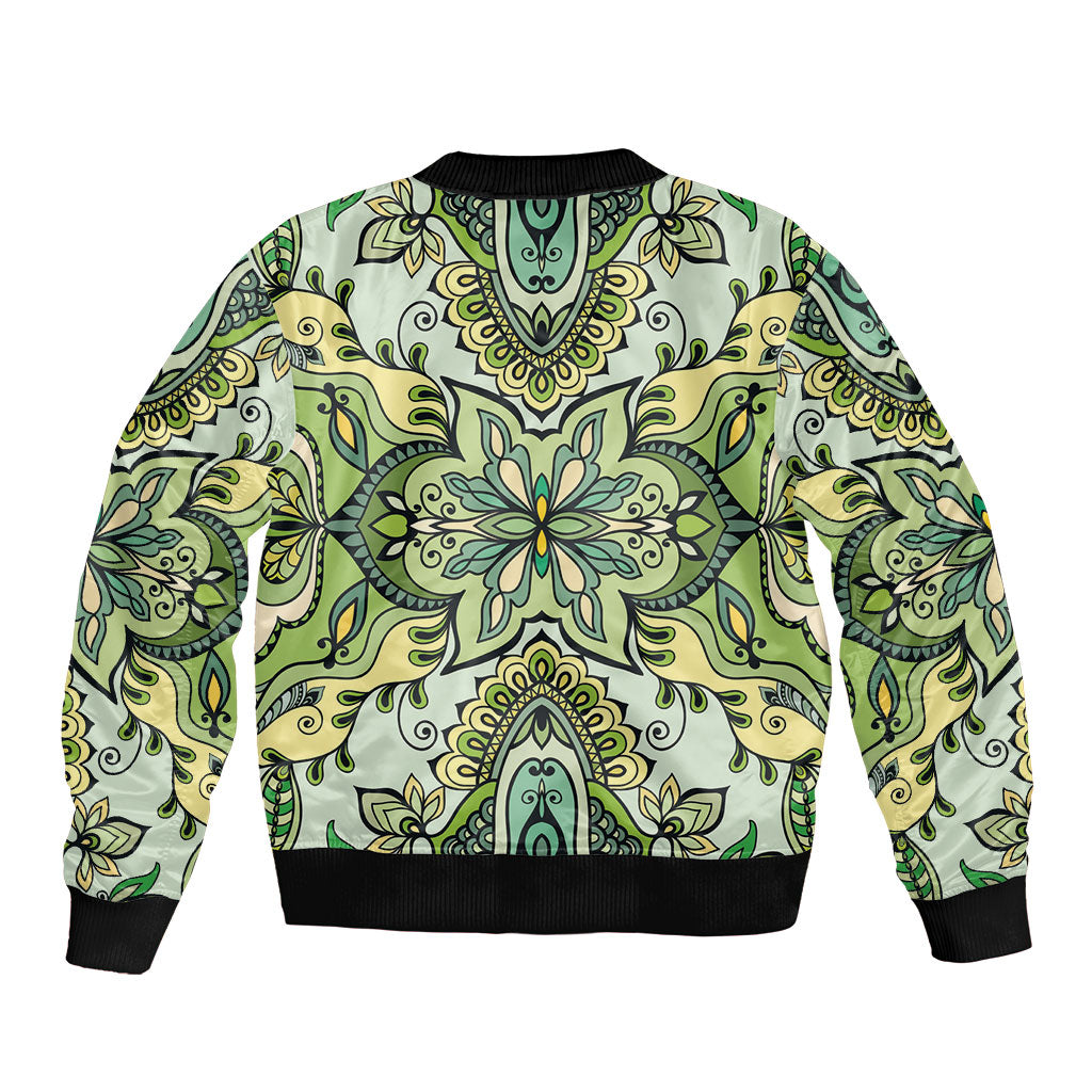 Indian Mandala Pattern Bomber Jacket Green Geometric Floral Mandala