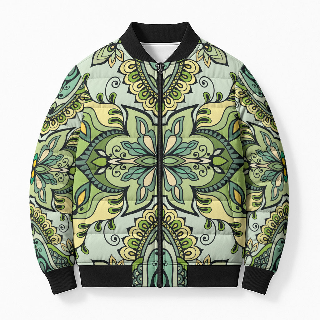 Indian Mandala Pattern Bomber Puffer Jacket Green Geometric Floral Mandala