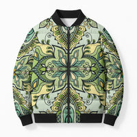 Indian Mandala Pattern Bomber Puffer Jacket Green Geometric Floral Mandala
