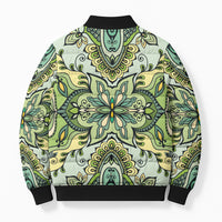 Indian Mandala Pattern Bomber Puffer Jacket Green Geometric Floral Mandala