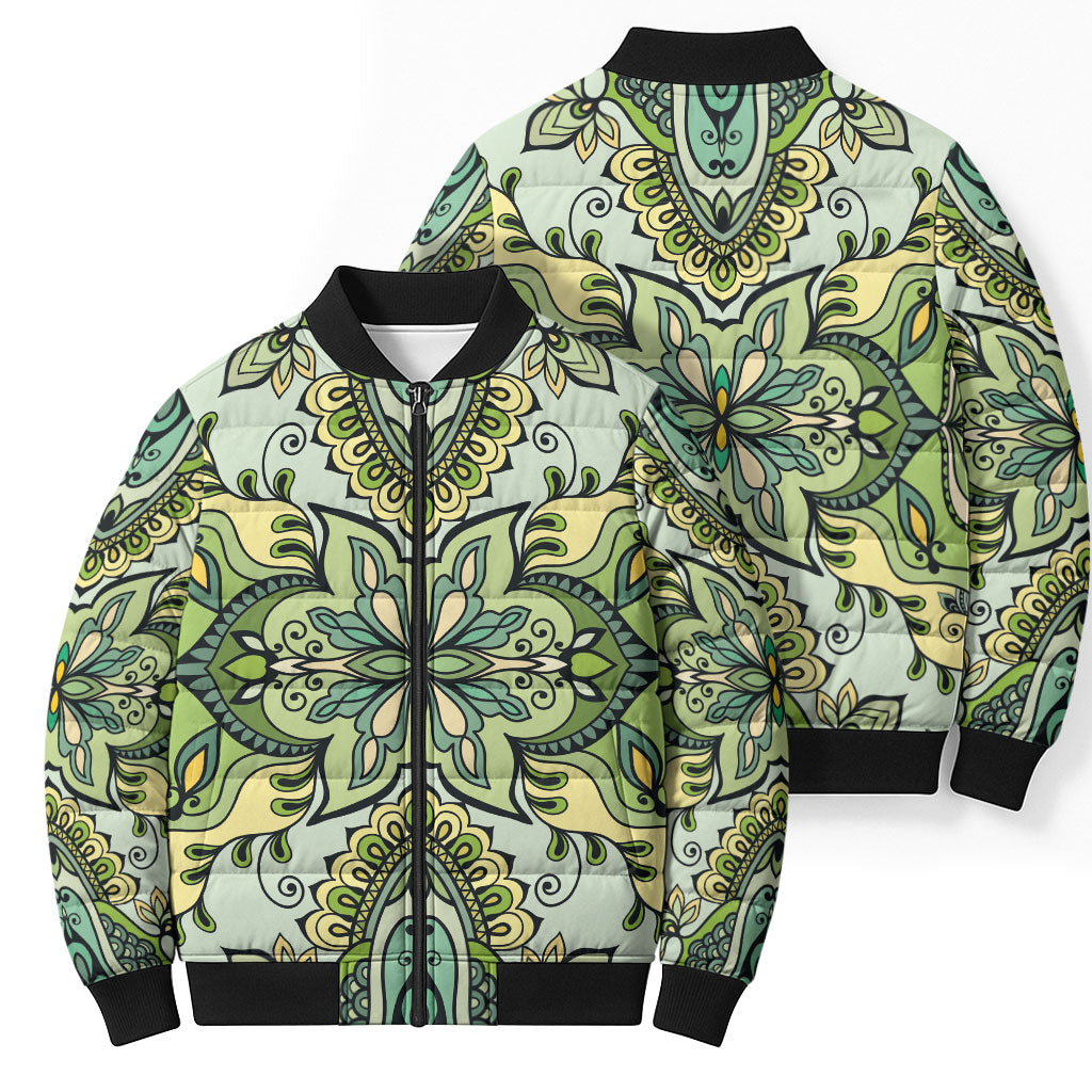 Indian Mandala Pattern Bomber Puffer Jacket Green Geometric Floral Mandala