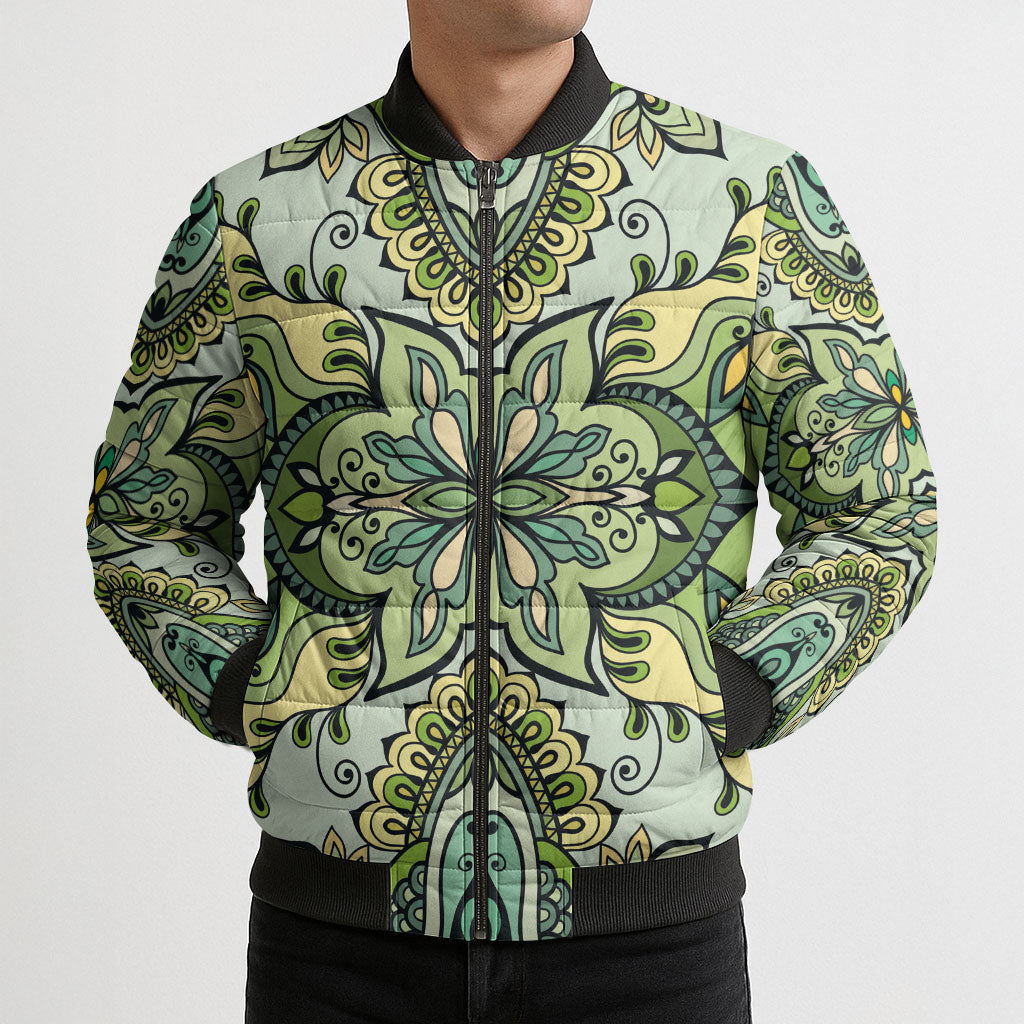 Indian Mandala Pattern Bomber Puffer Jacket Green Geometric Floral Mandala