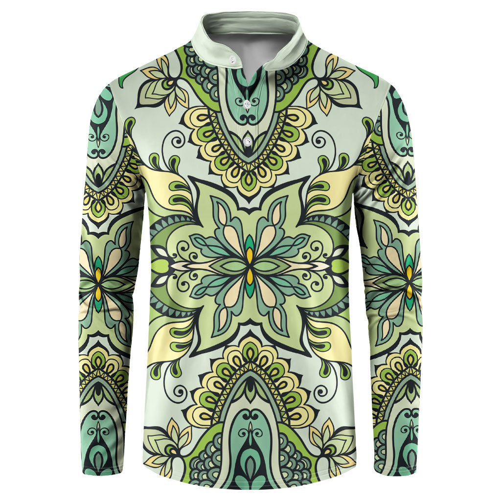 Indian Mandala Pattern Button Sweatshirt Green Geometric Floral Mandala