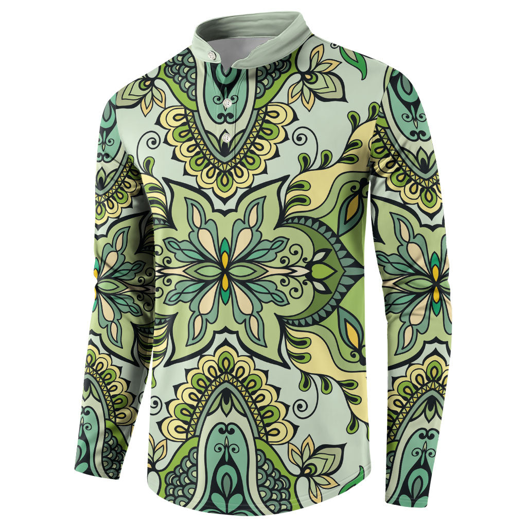 Indian Mandala Pattern Button Sweatshirt Green Geometric Floral Mandala