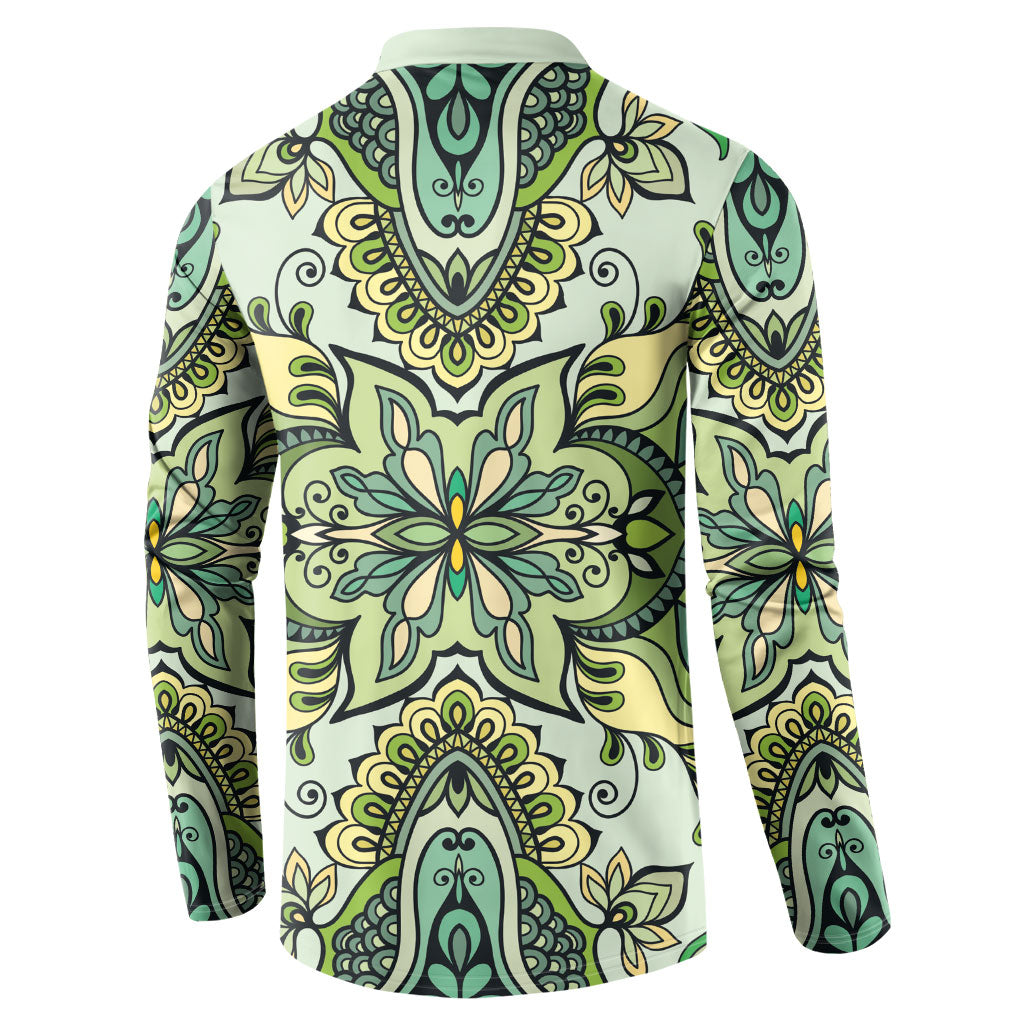 Indian Mandala Pattern Button Sweatshirt Green Geometric Floral Mandala