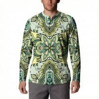 Indian Mandala Pattern Button Sweatshirt Green Geometric Floral Mandala