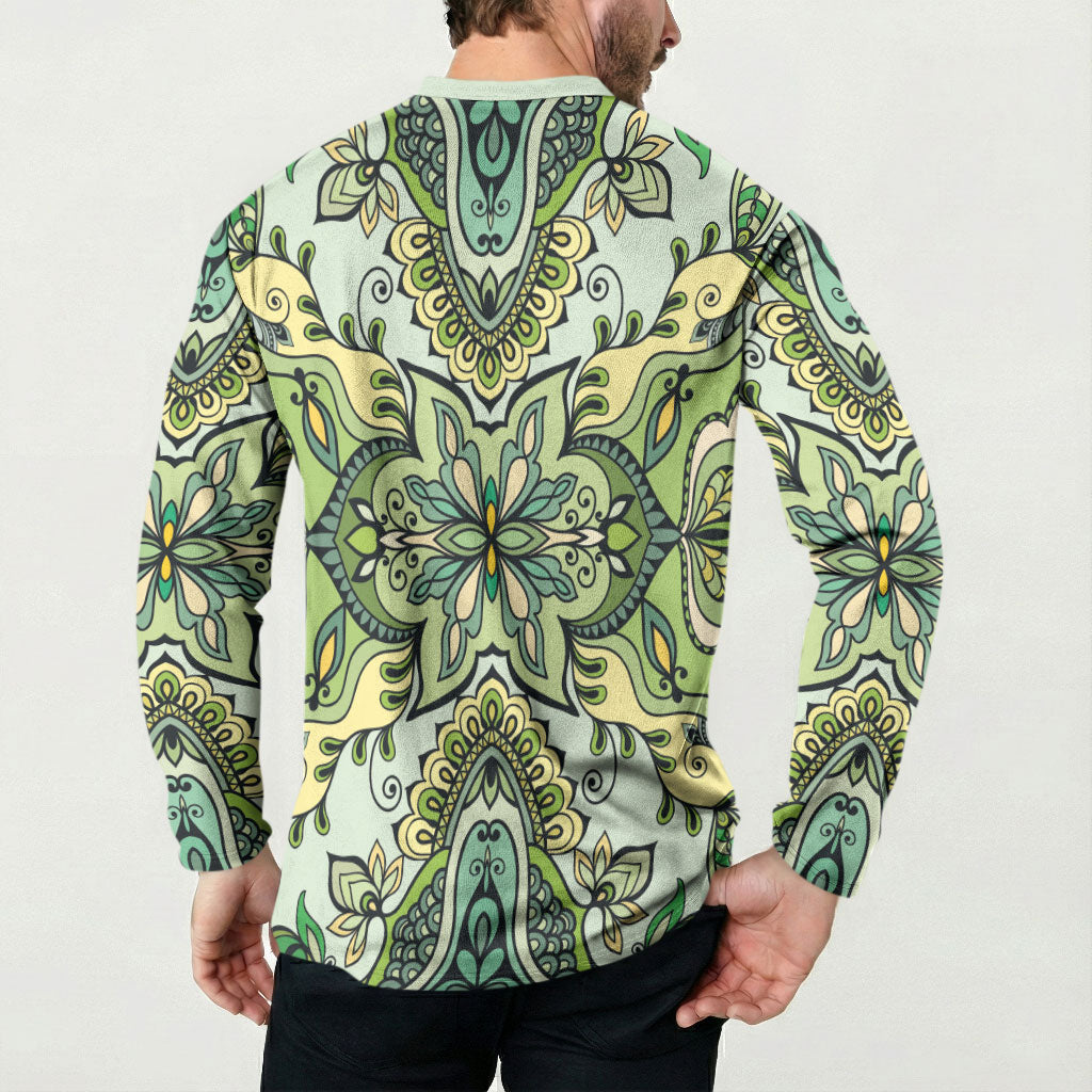 Indian Mandala Pattern Button Sweatshirt Green Geometric Floral Mandala