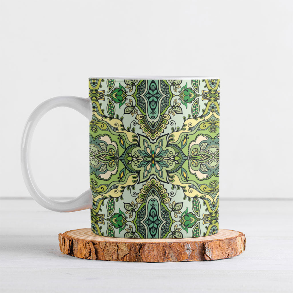 Indian Mandala Pattern Ceramic Mug Green Geometric Floral Mandala