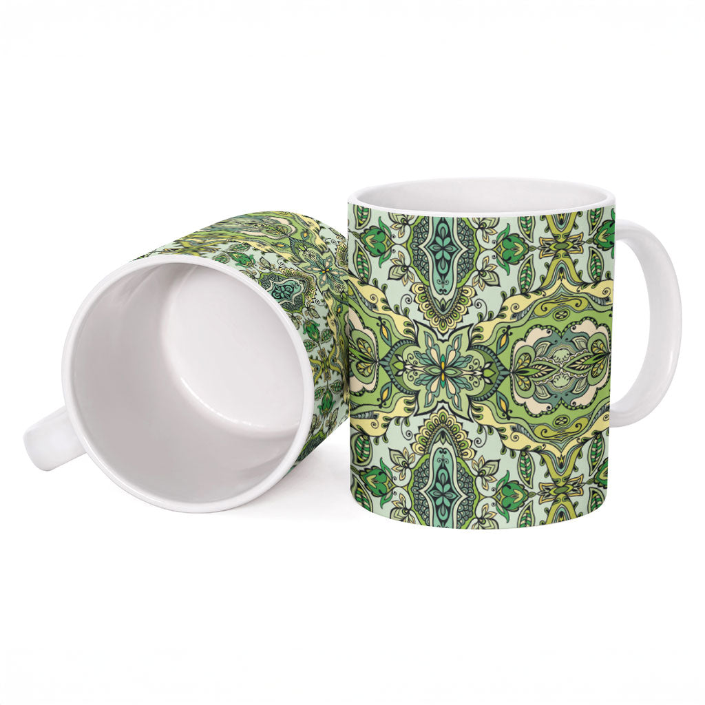 Indian Mandala Pattern Ceramic Mug Green Geometric Floral Mandala