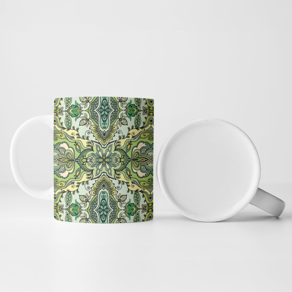 Indian Mandala Pattern Ceramic Mug Green Geometric Floral Mandala