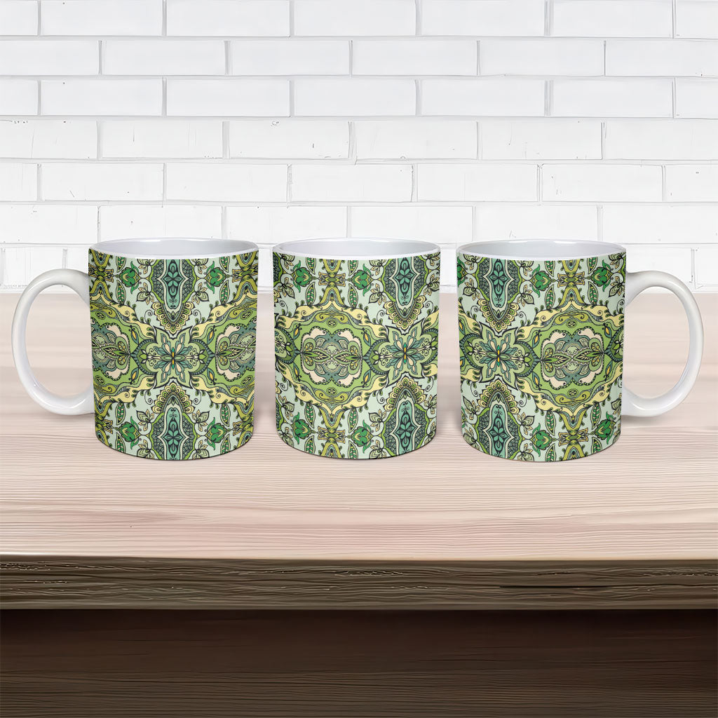 Indian Mandala Pattern Ceramic Mug Green Geometric Floral Mandala