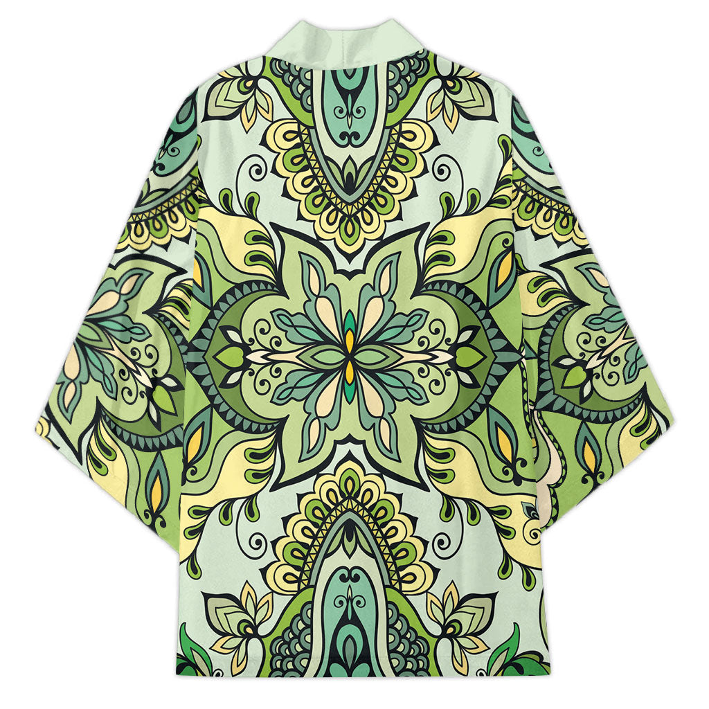 Indian Mandala Pattern Kimono Green Geometric Floral Mandala
