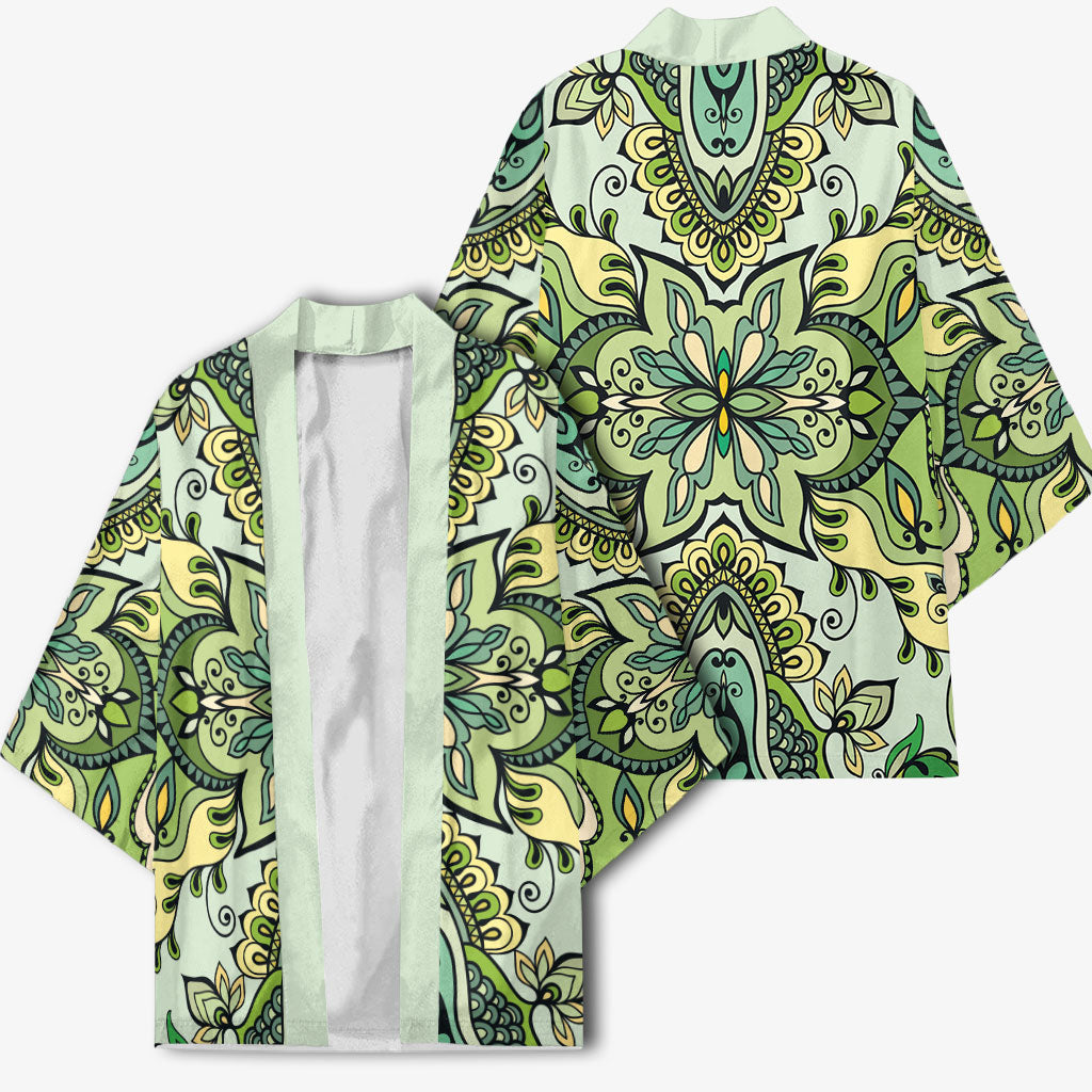 Indian Mandala Pattern Kimono Green Geometric Floral Mandala