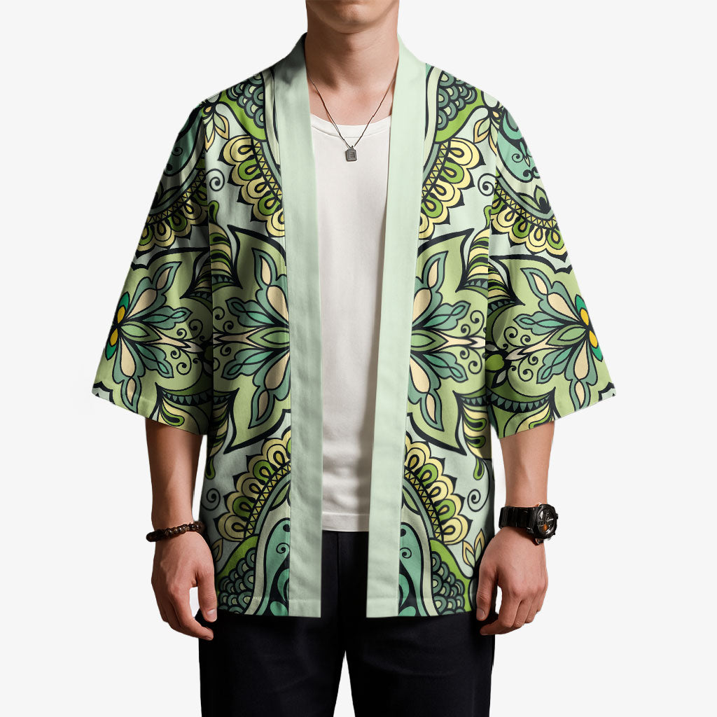 Indian Mandala Pattern Kimono Green Geometric Floral Mandala
