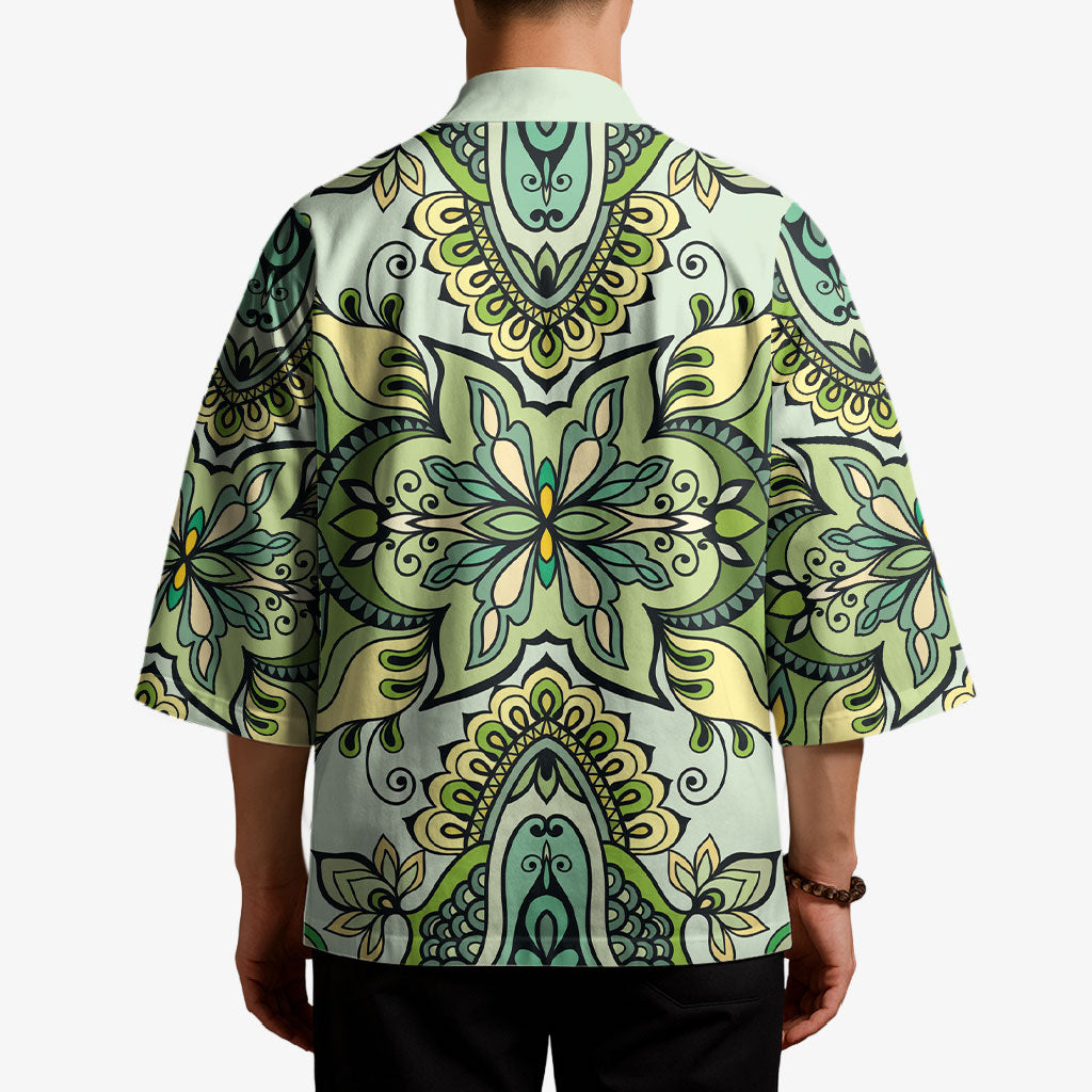 Indian Mandala Pattern Kimono Green Geometric Floral Mandala