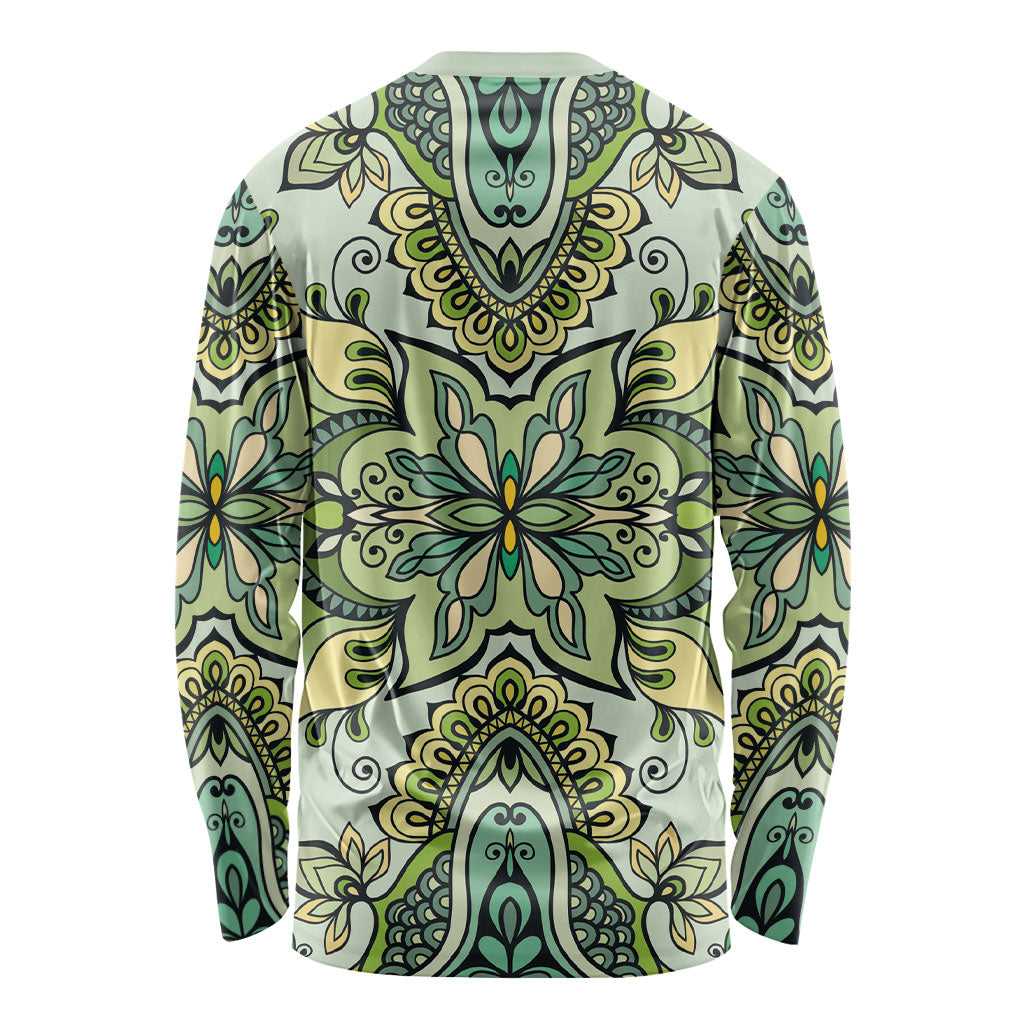Indian Mandala Pattern Long Sleeve Shirt Green Geometric Floral Mandala