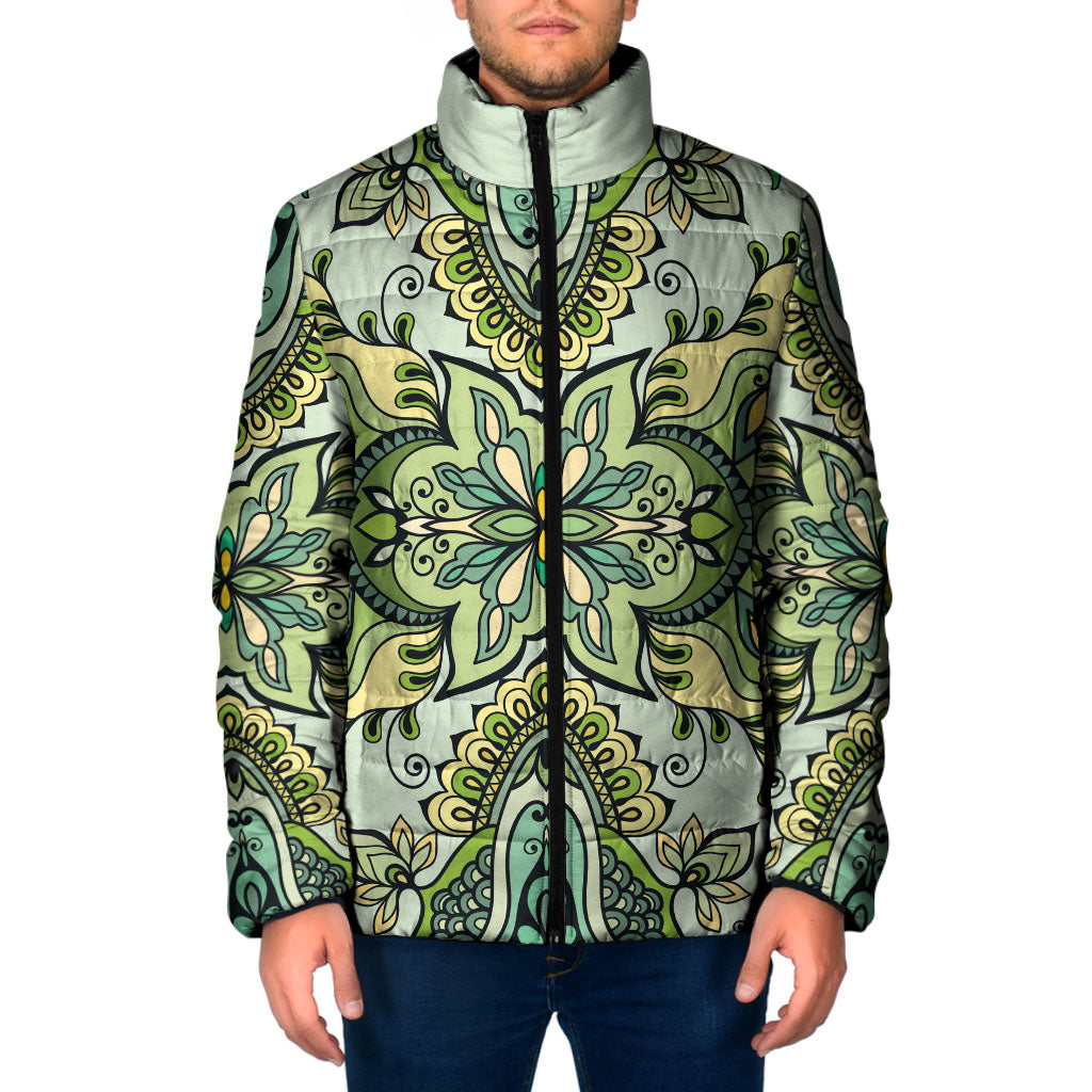 Indian Mandala Pattern Padded Jacket Green Geometric Floral Mandala
