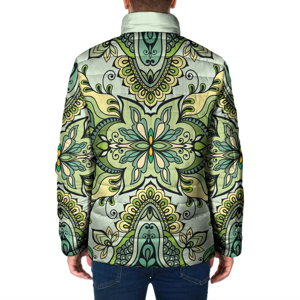 Indian Mandala Pattern Padded Jacket Green Geometric Floral Mandala
