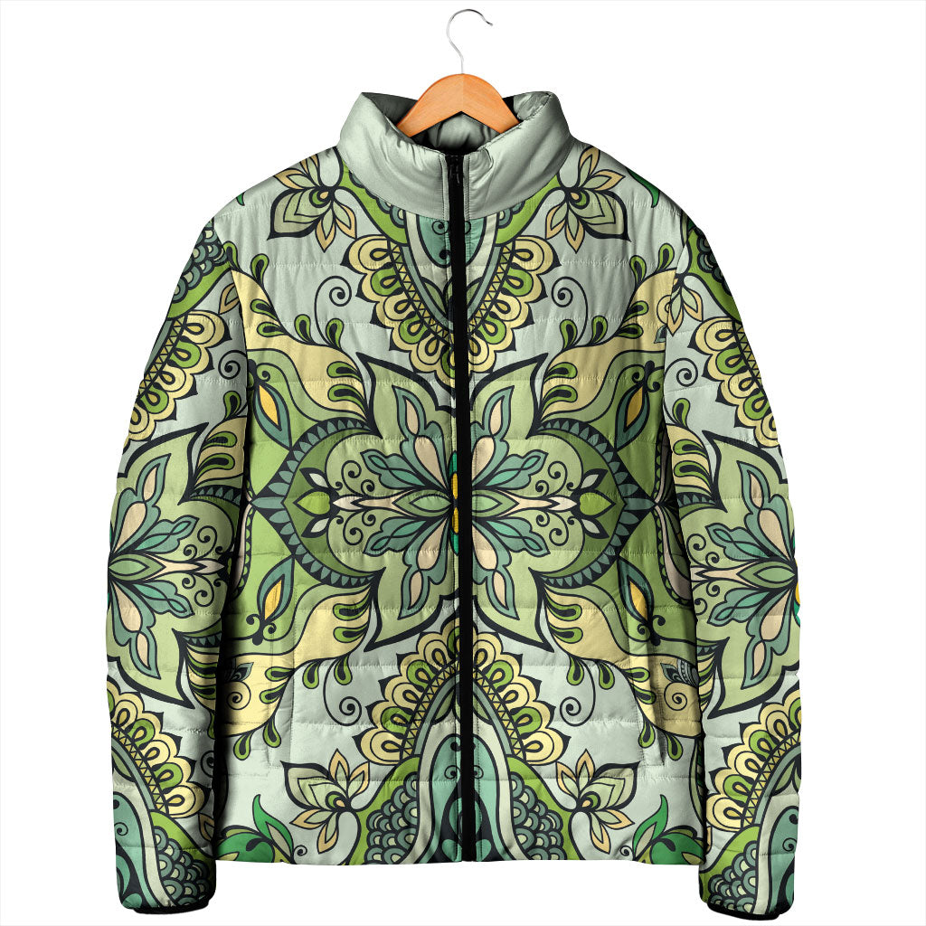 Indian Mandala Pattern Padded Jacket Green Geometric Floral Mandala
