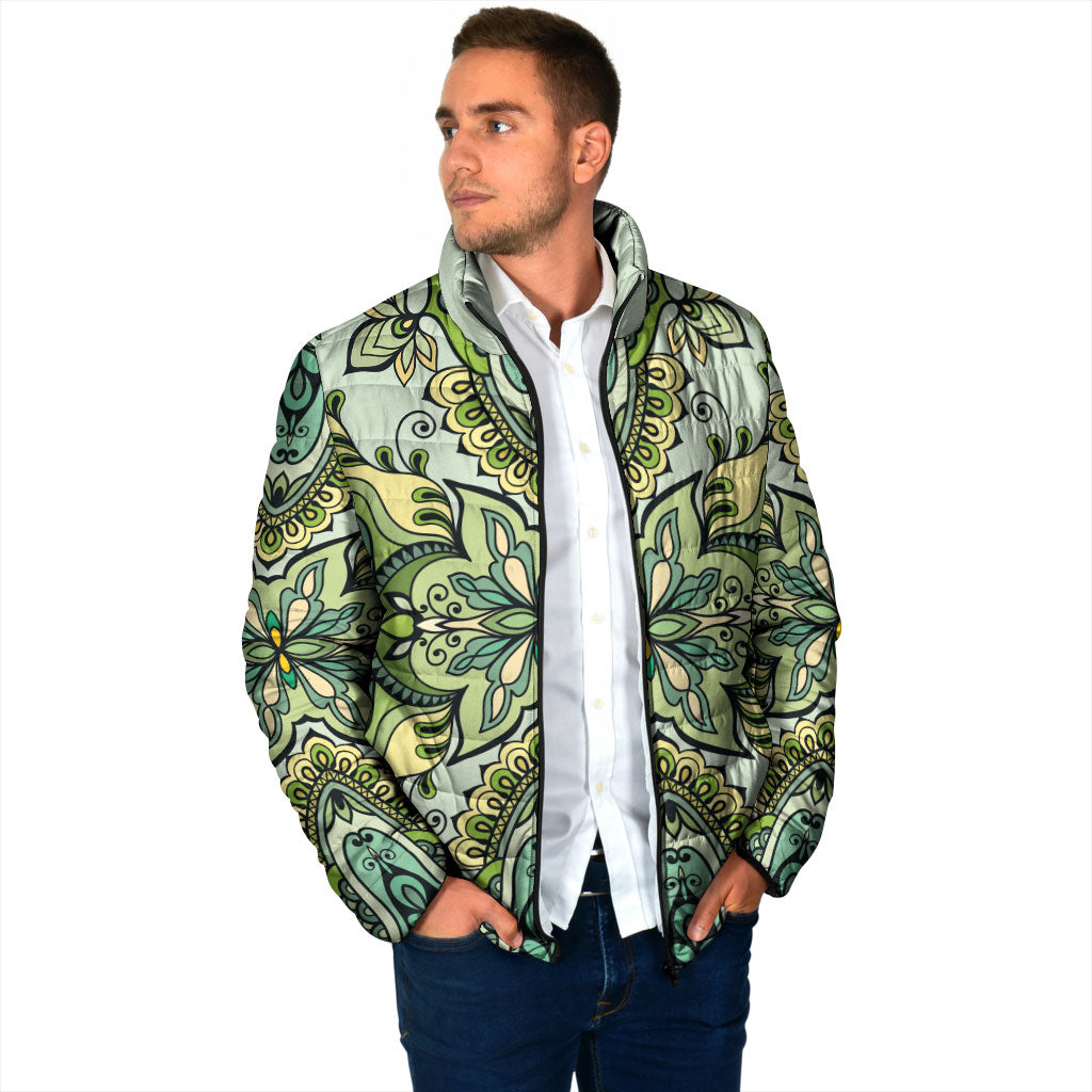 Indian Mandala Pattern Padded Jacket Green Geometric Floral Mandala