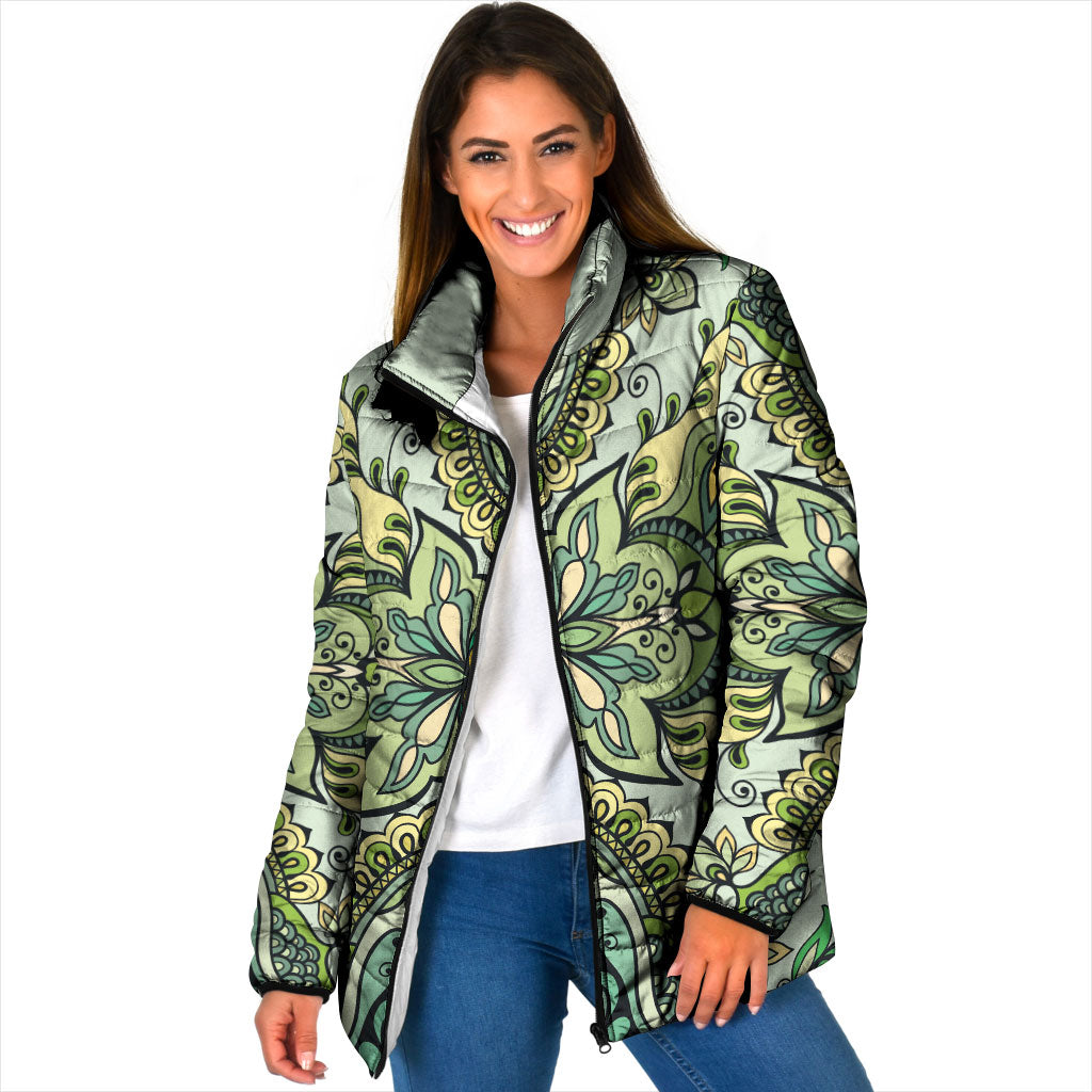 Indian Mandala Pattern Padded Jacket Green Geometric Floral Mandala