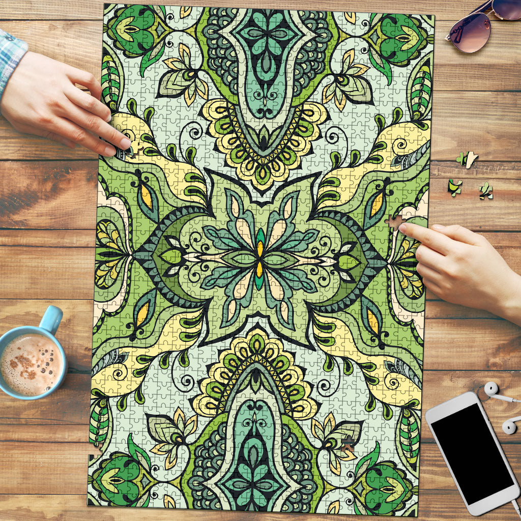Indian Mandala Pattern Puzzle Green Geometric Floral Mandala
