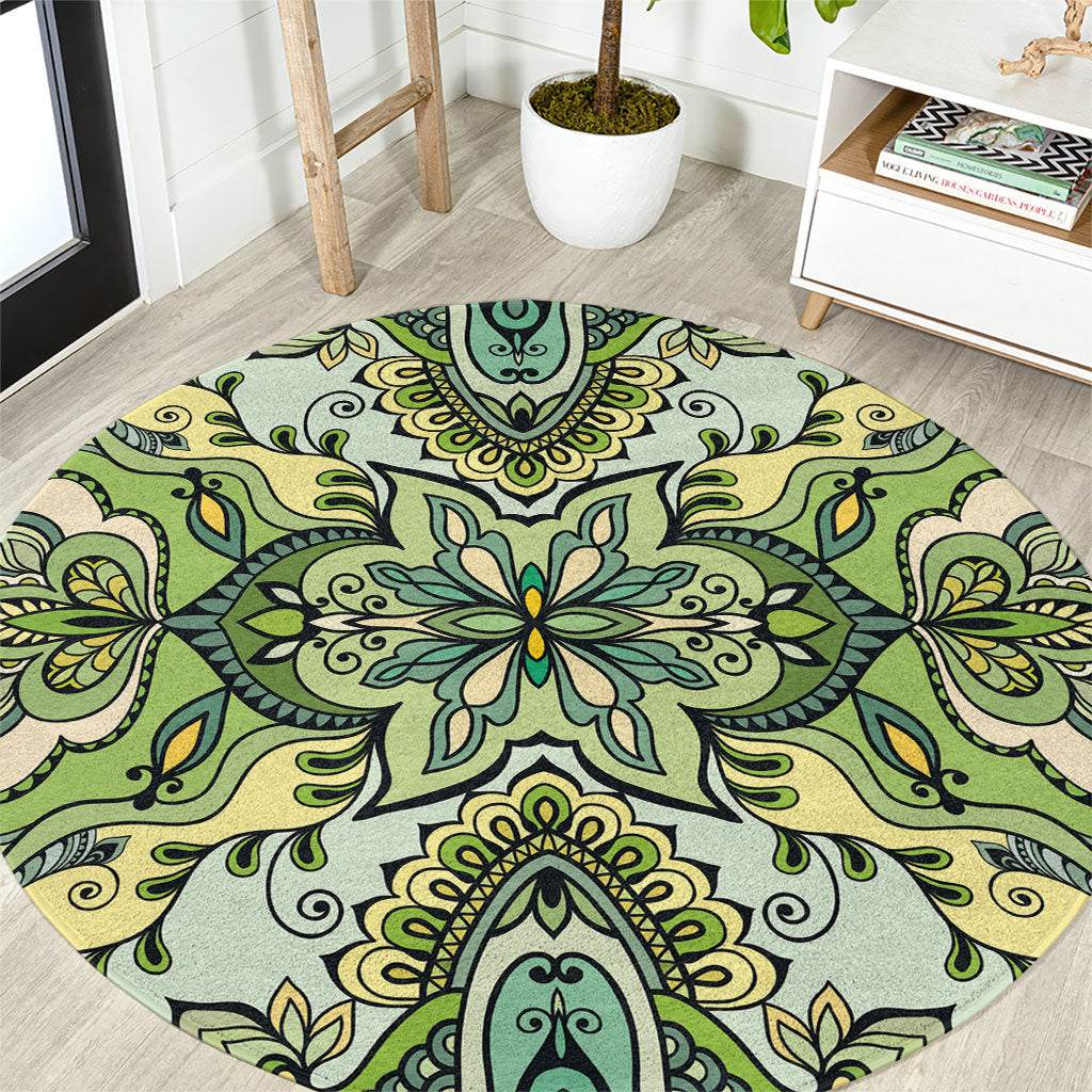 Indian Mandala Pattern Round Carpet Green Geometric Floral Mandala