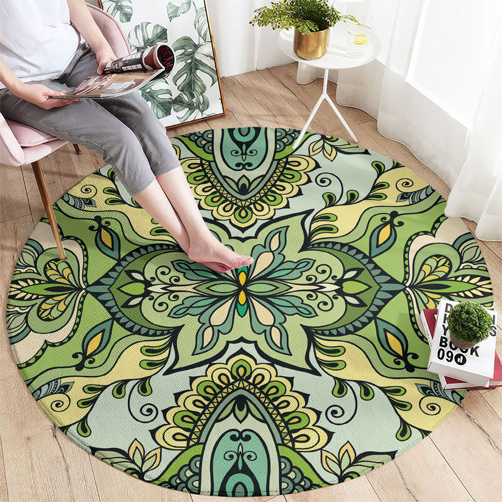 Indian Mandala Pattern Round Carpet Green Geometric Floral Mandala