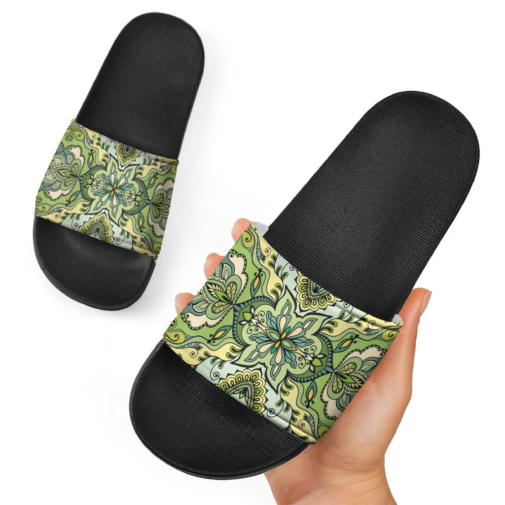 Indian Mandala Pattern Slide Sandals Green Geometric Floral Mandala