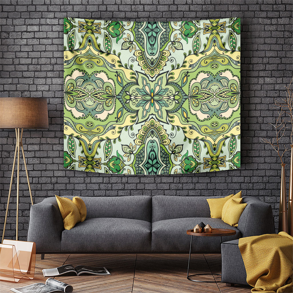Indian Mandala Pattern Tapestry Green Geometric Floral Mandala