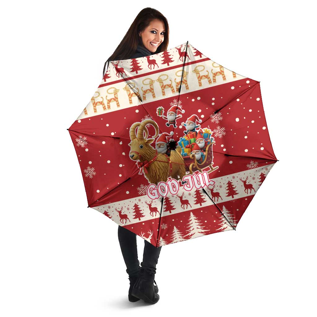 Red God Jul Christmas umbrella with reindeer, fir trees, and snowflake dot pattern