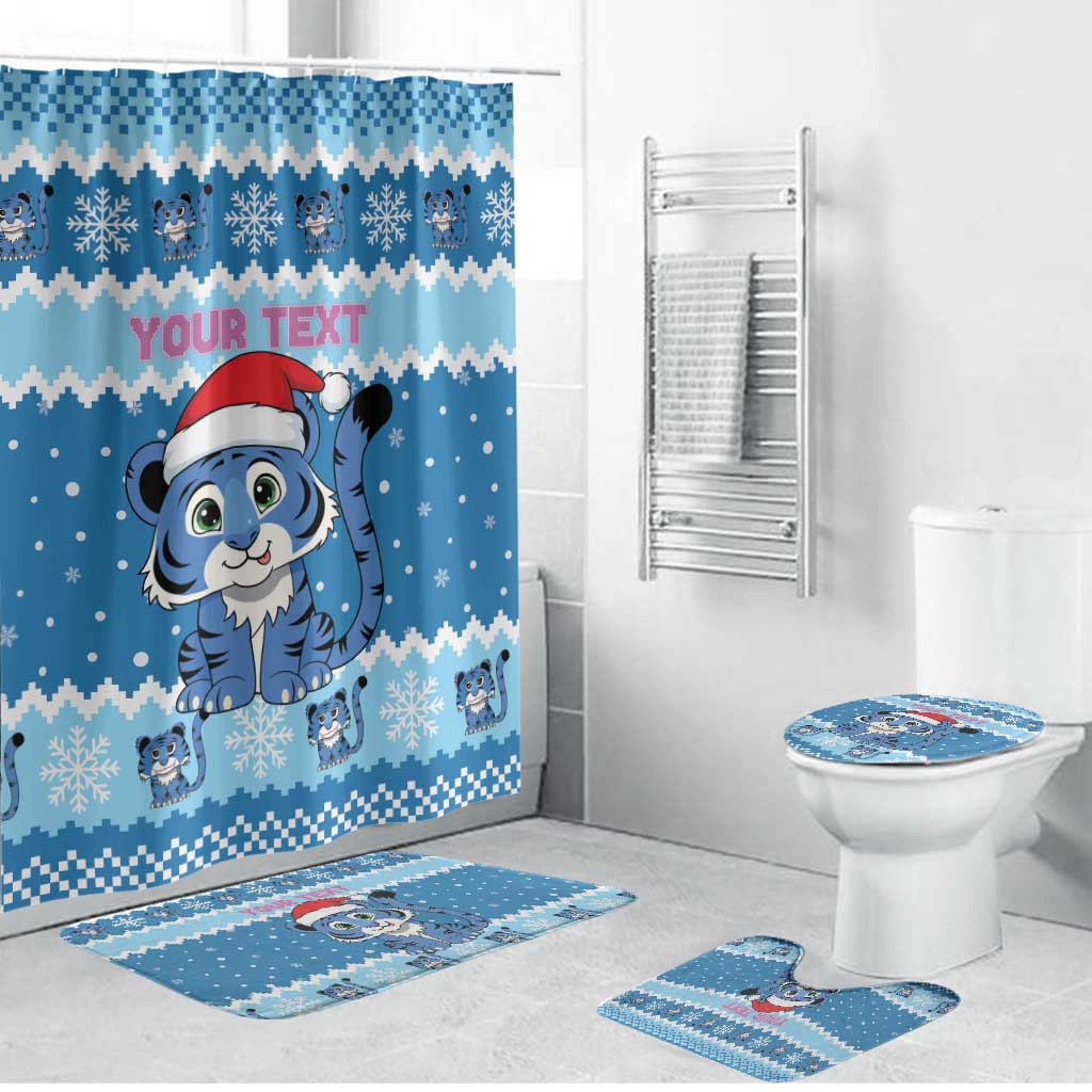 Personalized Blue Tiger Christmas Bathroom Set Kawaii Derpy Tiger Santa Mode - Wonder Print Shop