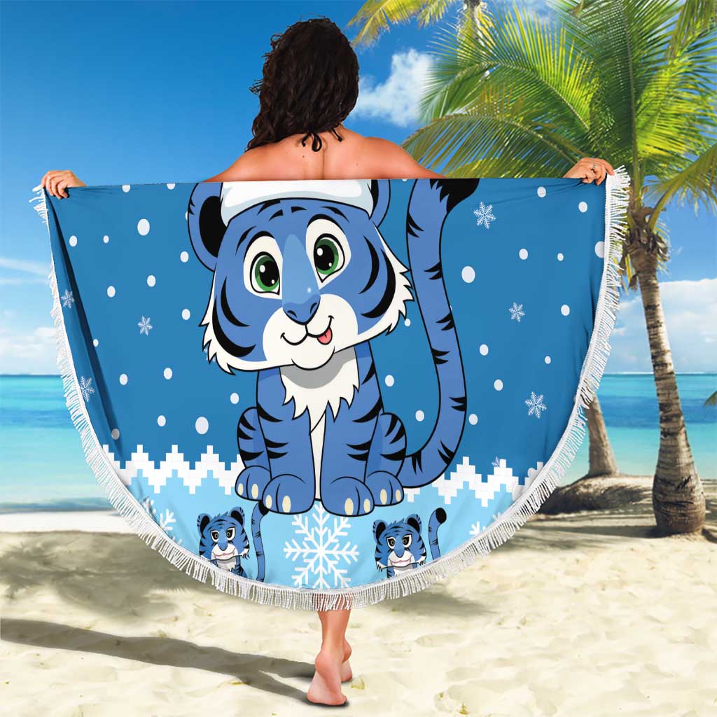 Personalized Blue Tiger Christmas Beach Blanket Kawaii Derpy Tiger Santa Mode - Wonder Print Shop