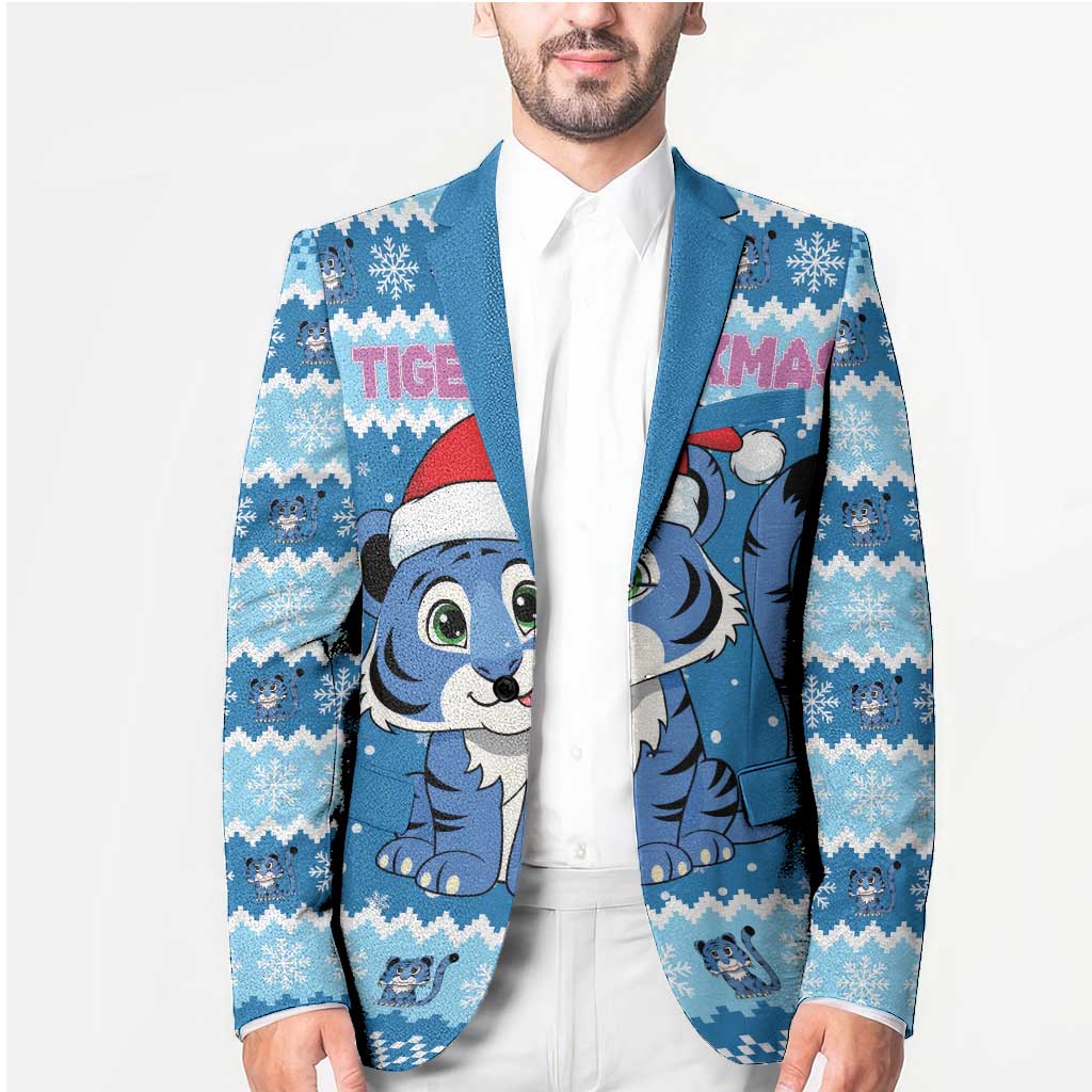 Personalized Blue Tiger Christmas Blazer Kawaii Derpy Tiger Santa Mode - Wonder Print Shop