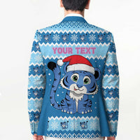 Personalized Blue Tiger Christmas Blazer Kawaii Derpy Tiger Santa Mode - Wonder Print Shop
