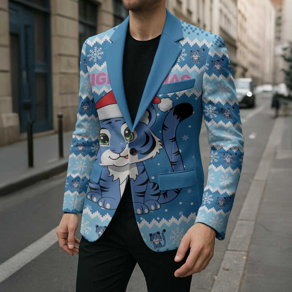 Personalized Blue Tiger Christmas Blazer Kawaii Derpy Tiger Santa Mode - Wonder Print Shop