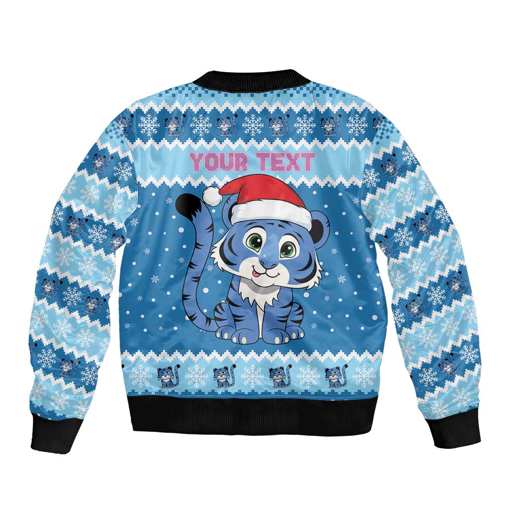 Personalized Blue Tiger Christmas Bomber Jacket Kawaii Derpy Tiger Santa Mode - Wonder Print Shop