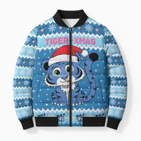 Personalized Blue Tiger Christmas Bomber Puffer Jacket Kawaii Derpy Tiger Santa Mode - Wonder Print Shop