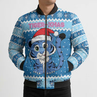 Personalized Blue Tiger Christmas Bomber Puffer Jacket Kawaii Derpy Tiger Santa Mode - Wonder Print Shop