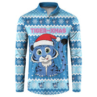 Personalized Blue Tiger Christmas Button Sweatshirt Kawaii Derpy Tiger Santa Mode - Wonder Print Shop