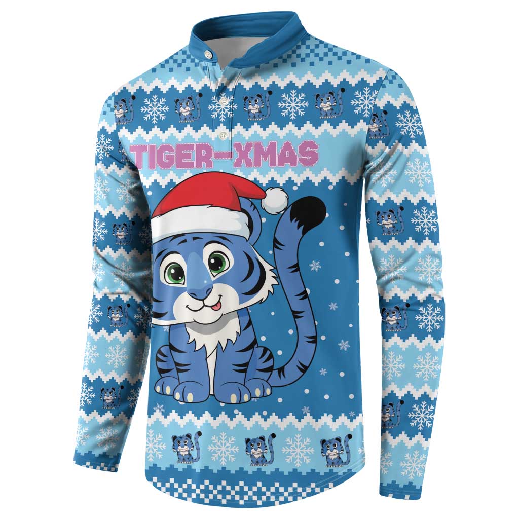 Personalized Blue Tiger Christmas Button Sweatshirt Kawaii Derpy Tiger Santa Mode - Wonder Print Shop