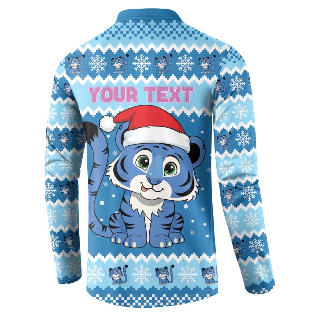 Personalized Blue Tiger Christmas Button Sweatshirt Kawaii Derpy Tiger Santa Mode - Wonder Print Shop