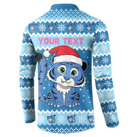 Personalized Blue Tiger Christmas Button Sweatshirt Kawaii Derpy Tiger Santa Mode - Wonder Print Shop