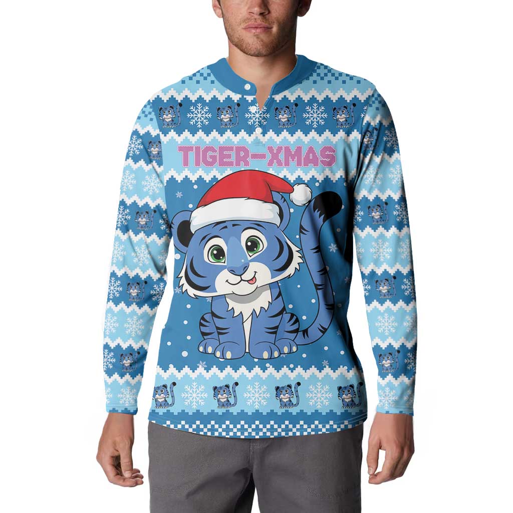 Personalized Blue Tiger Christmas Button Sweatshirt Kawaii Derpy Tiger Santa Mode - Wonder Print Shop